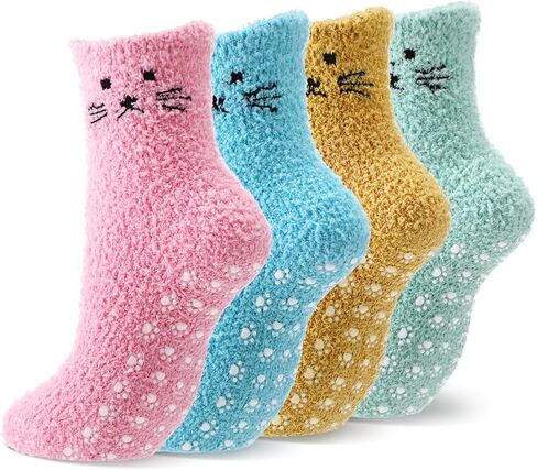 Geyoga 4 Pcs Grip Cat Fuzzy Socks for Women Cute Yoga Cozy Winter Soft Warm Non Slip Sock for Pilates Dance Workout in Saudi Arabia