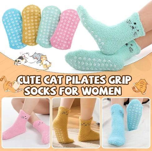 Geyoga 4 Pcs Grip Cat Fuzzy Socks for Women Cute Yoga Cozy Winter Soft Warm Non Slip Sock for Pilates Dance Workout in Saudi Arabia