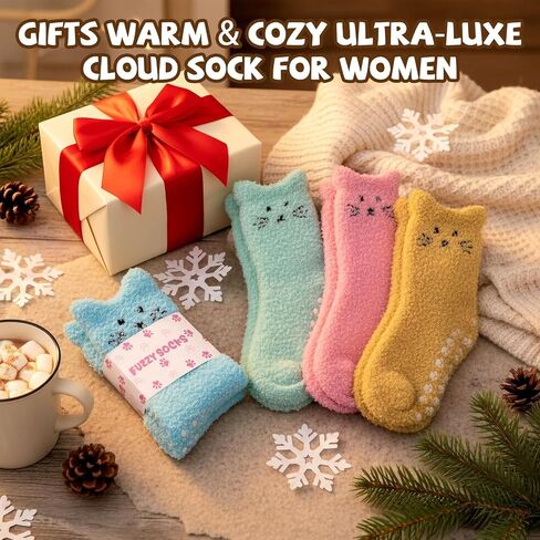 Geyoga 4 Pcs Grip Cat Fuzzy Socks for Women Cute Yoga Cozy Winter Soft Warm Non Slip Sock for Pilates Dance Workout in Saudi Arabia