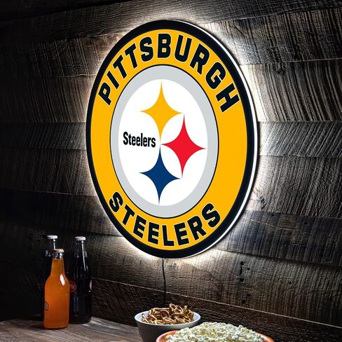 Team Sports America Evergreen NFL Pittsburgh Steelers | Ultra-Thin LED Light Wall Sign Decor | 23 Inch Round | Made in the USA in Saudi Arabia