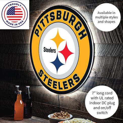Team Sports America Evergreen NFL Pittsburgh Steelers | Ultra-Thin LED Light Wall Sign Decor | 23 Inch Round | Made in the USA in Saudi Arabia