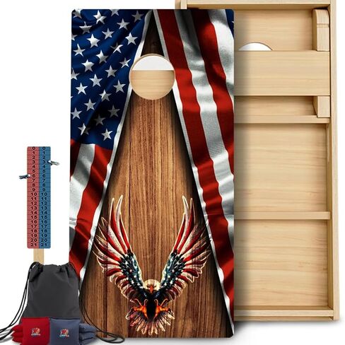 مجموعة لوحات CornholeGamesUSA Pro Cornhole | صنع في الولايات المتحدة الأمريكية | 3/4 خشب البتولا البلطيقي | لا ترتد | أرجل ثلاثية سميكة | دعامتان ومقابض، مجموعة تنظيم البطولة 2 × 4 مع برج النقاط وأكياس ثقب الذرة in Kuwait