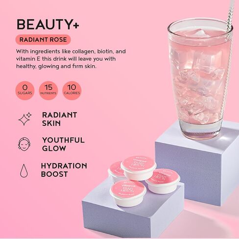 نظام Vitapod Paris Hilton x Daily Wellness System - زجاجة مياه بيرليسسينت سعة 22 أونصة باللون الأزرق بجانب حمام السباحة و6 عينات من كبسولات مزيج المشروبات، تتضمن كبسولات BEAUTY+ وHYDRATION+ وENERGY+ الوظيفية لمزيج المشروبات in Saudi Arabia