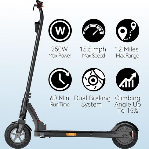 Electric Scooter for Big Kids/Teens - 250W Motor, 15.5 mph Top Speed, Rear Foot Brake, Folding E-Scooter for Riders up to 220 lbs, UL-2272 Certified in Saudi Arabia