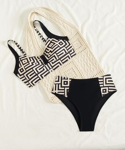 Geometric Print Bikini Set with High-Waist Bottoms & Crochet Cover-Up for Beach Chic Look in Saudi Arabia