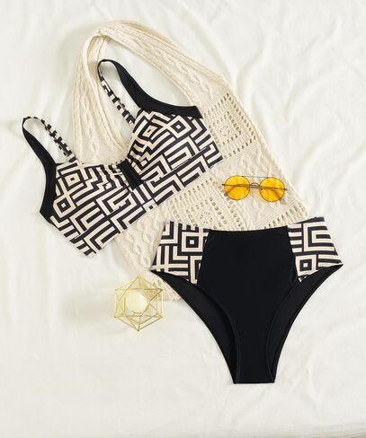 Geometric Print Bikini Set with High-Waist Bottoms & Crochet Cover-Up for Beach Chic Look in Saudi Arabia