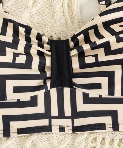 Geometric Print Bikini Set with High-Waist Bottoms & Crochet Cover-Up for Beach Chic Look in Saudi Arabia