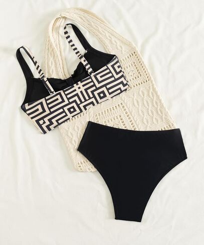 Geometric Print Bikini Set with High-Waist Bottoms & Crochet Cover-Up for Beach Chic Look in Saudi Arabia