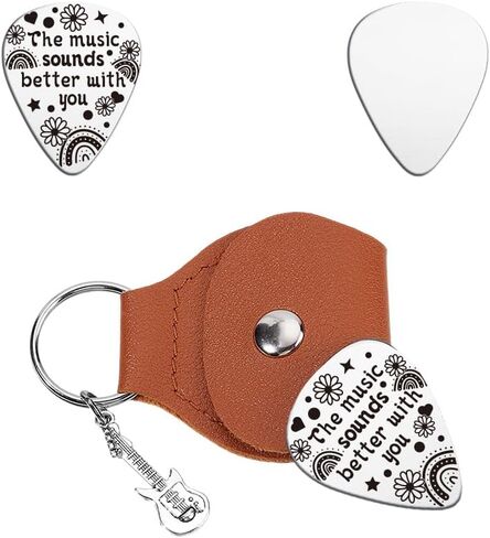 UNICRAFTALE Music Gifts for Guitarist Stainless Steel Guitar Picks Keychain Leather Holder Encouragement Note Pick Personalized Musical Note Plectrum for Musician Lover Birthday Christmas Gifts in Saudi Arabia