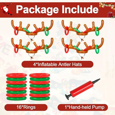 4 Pack Inflatable Reindeer Antler Ring Toss Game, Reindeer Ring Toss Game for Christmas Party, Family, Christmas Decoration, Xmas Fun Amusements (4 Antlers 16 Rings 1 Pump) in Saudi Arabia