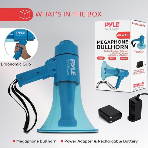 Pyle Rechargeable Megaphone Speaker with Flashlight, 40W Portable Bullhorn Megaphone with Siren Alarm, Water Resistant Design, Adjustable Volume & LED Light, Bull Horn Speaker for Outdoor Use in Saudi Arabia