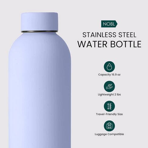 NOBL Stainless Steel Water Bottle,17 oz, 500 ml, Double Wall Vacuum Insulation, Sealed Bottle Keeps Drinks Cold 24 Hrs & Hot 12 Hrs, Leak Proof, Fits Noble Carry-On Cup Holder - Lavender in Saudi Arabia