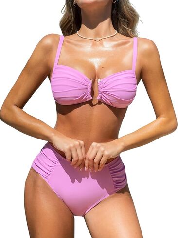 CUPSHE Women's Bikini Set U Wire Supportive Two Piece Swimsuit Ruched Full Coverage Bottom Bathing Suit Adjustable Strap in Saudi Arabia