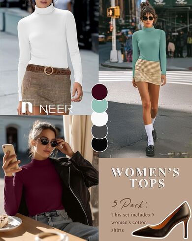 Neer 5 Pack Women's Turtleneck Long Sleeve Tops Basic Thermal Cotton Underwear Base Layer Fall Winter Shirts Multipack in Saudi Arabia
