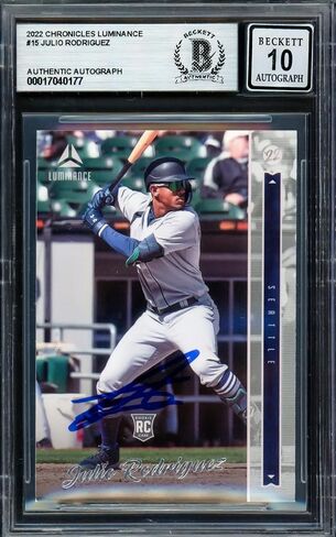 Julio Rodriguez Autographed 2022 Panini Luminance Rookie Card #15 Seattle Mariners Auto Grade Gem Mint 10 Beckett BAS #17040177 - Baseball Slabbed Autographed Rookie Cards in Saudi Arabia