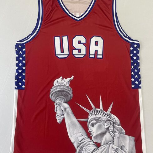 4th of July Men's Basketball Jersey with Statue of Liberty USA Patriotic White Red Blue Basketball Shirt for Independence Day in Saudi Arabia
