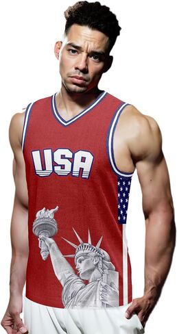 4th of July Men's Basketball Jersey with Statue of Liberty USA Patriotic White Red Blue Basketball Shirt for Independence Day in Saudi Arabia