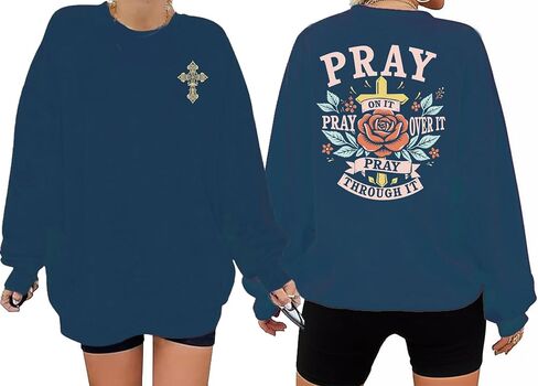 Oversized Christian Sweatshirt for Women Cross Pray Floral Graphic Religious Crewneck Long Sleeve Tee Retro Pullover Top in Saudi Arabia