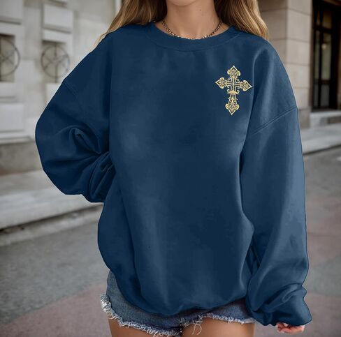 Oversized Christian Sweatshirt for Women Cross Pray Floral Graphic Religious Crewneck Long Sleeve Tee Retro Pullover Top in Saudi Arabia