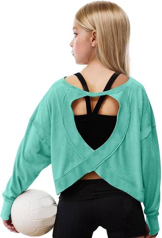 Teen Girls Cute Shirts Youth Lightweight Preppy Yoga Workout Blouses Fall Trendy Oversized Crop Crewneck Running Tops in Kuwait