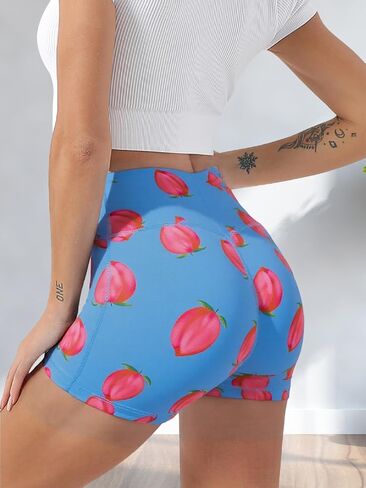 Women's High Waisted Peach Print Yoga Shorts Stretchy Fitness Shorts for Yoga, Gym(Blue S) in Saudi Arabia