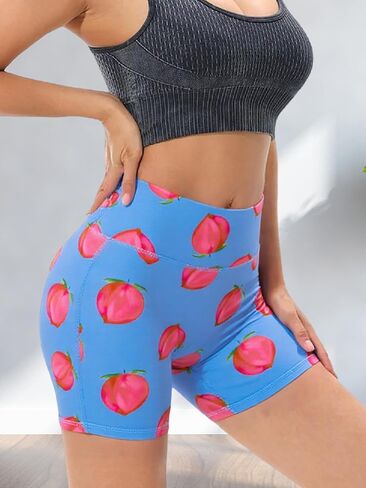 Women's High Waisted Peach Print Yoga Shorts Stretchy Fitness Shorts for Yoga, Gym(Blue S) in Saudi Arabia