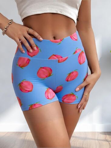 Women's High Waisted Peach Print Yoga Shorts Stretchy Fitness Shorts for Yoga, Gym(Blue S) in Saudi Arabia