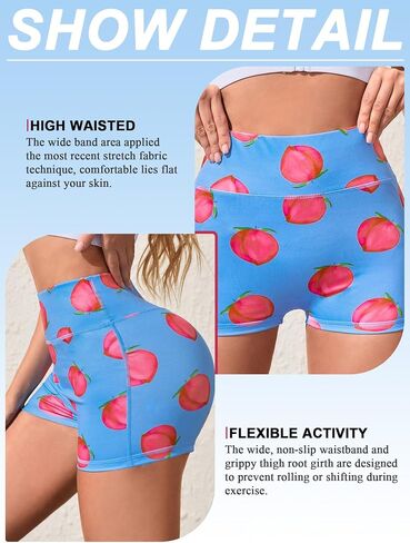 Women's High Waisted Peach Print Yoga Shorts Stretchy Fitness Shorts for Yoga, Gym(Blue S) in Saudi Arabia