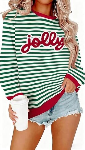 Christmas Sweatshirt for Women Glitter Patch Jolly Letter Print Sweatshirts Xmas Long Sleeve Striped Pullover Top in Saudi Arabia
