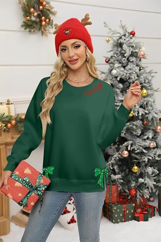 FASHGL Christmas Sweatshirts for Women Merry Christmas Tree Bow Graphic Long Sleeve Xmas Vacation Pullover Christian Top in Saudi Arabia