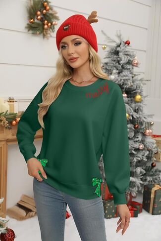 FASHGL Christmas Sweatshirts for Women Merry Christmas Tree Bow Graphic Long Sleeve Xmas Vacation Pullover Christian Top in Saudi Arabia