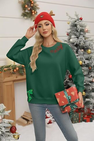 FASHGL Christmas Sweatshirts for Women Merry Christmas Tree Bow Graphic Long Sleeve Xmas Vacation Pullover Christian Top in Saudi Arabia