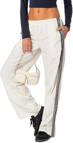 FOMOYUU Women Side Striped Athletic Pants Wide Leg Elastic Waist Baggy Jogger Sweatpants Straight Leg Track Pants Streetwear in Saudi Arabia