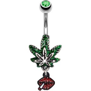 Pierce2GO Weed Belly Button Ring - 316L Surgical Grade Stainless-Steel Belly Button Ring with Lips Smoking Weed - Marijuana Belly Button Ring with Cubic Zirconia Stone - Navel Rings for Women