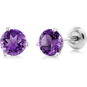 Gem Stone King 18K White Gold Purple Amethyst 3 Prong Martini Screw Back Stud Earrings For Women (0.90 Cttw, Gemstone Birthstone, Round 5MM)