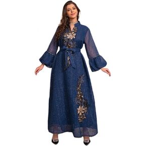 Abayas for Women Muslim Dress Long Sleeve Floral Sequins/Embroidery Long Maxi Dresses Caftan Robe