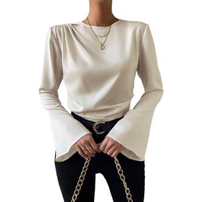 SweatyRocks Women's Ruched Flare Long Sleeve Keyhole Back Blouses Crew Neck Shirts Top