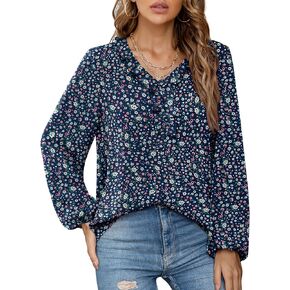 VIISHOW Women's Lartern Sleeve V Neck Lotus Ruffled Casual Work Shirt Loose Fit Chiffon Blouse for Women Tops