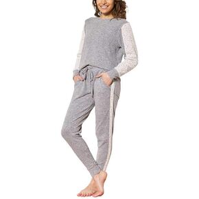 Women's 2 Piece Long Sleeve Lounge Set with Lace, Long Sleeve Top & Jogger Pant (Gray, Small)