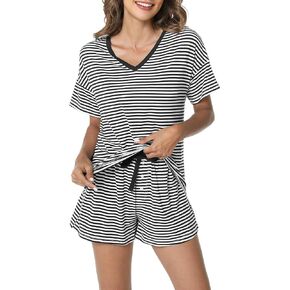 LazyCozy Striped Pajama Set for Women, Viscose Made from Bamboo, Short Sleeve Shirt with Sleep Shorts Soft PJ Set