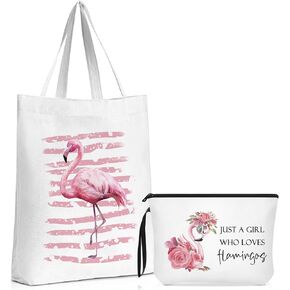 2 Pcs Flamingo Gifts for Flamingo Lovers Flamingo Canvas Tote Bag Birthday Gift Animal Lovers Makeup Bag Zipper Purse Flamingo Shopping Bags for Friend Sister Women Girl Flamingo Lover Animal Gift