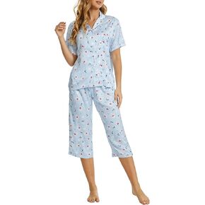 Ysoea Women's Floral Satin Capri PJ Set Notch Collar Short Sleeve Sleepwear Button Down Pajamas Shirt and Sleep Pants