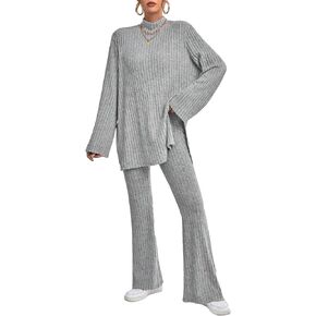 MakeMeChic Women's 2 Piece Outfits Mock Neck Split Hem Tee Top and Flare Leg Pants Lounge Set