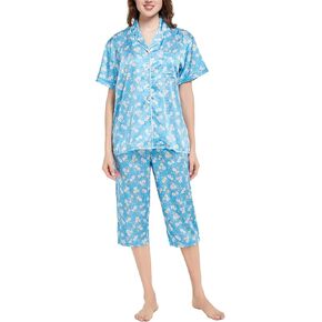 Ysoea Women's Floral Satin Capri PJ Set Notch Collar Short Sleeve Sleepwear Button Down Pajamas Shirt and Sleep Pants