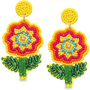 Beaded Flower Earrings for Women Statement Colorful Floral Beaded Drop Dangle Earrings Bohemia Handmade Tropical Fancy Flower Earrings for Girls Sister Mom Gifts Jewelry Accessories