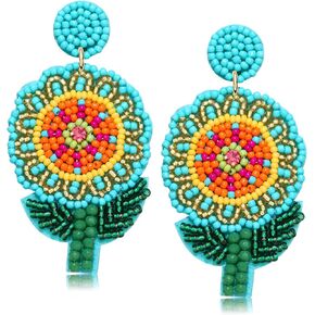 Beaded Flower Earrings for Women Statement Colorful Floral Beaded Drop Dangle Earrings Bohemia Handmade Tropical Fancy Flower Earrings for Girls Sister Mom Gifts Jewelry Accessories