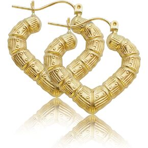LoveBling 10k Yellow Gold Heart Shaped Bamboo Hoop Earrings (0.98" x 0.88")