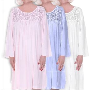 Dignity Pajamas Open Back Nightgown for Women 3Pack-100% Cotton Long Sleeve-Lace Trim-Hospital Gown-Bedridden Patient-Multi