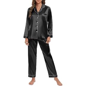 Women's Silk Satin Pajamas Set Long Sleeve Sleepwear Soft Pjs Set Two Piece Button Down Loungewear Pj Set