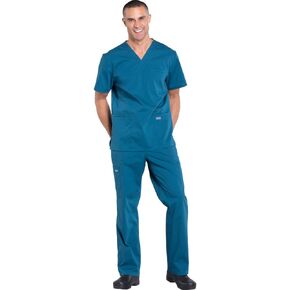 Men Scrubs Set Workwear Professionals WW695 V-Neck Top & WW190 Tapered Leg Fly Front Cargo Pant, Caribbean Blue- M Top/M Pant